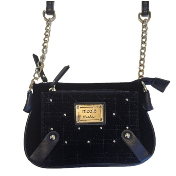 Nicole Miller Suzie bag Quilted studded & chained Navy Velvet Mini crossbody - Picture 4 of 17